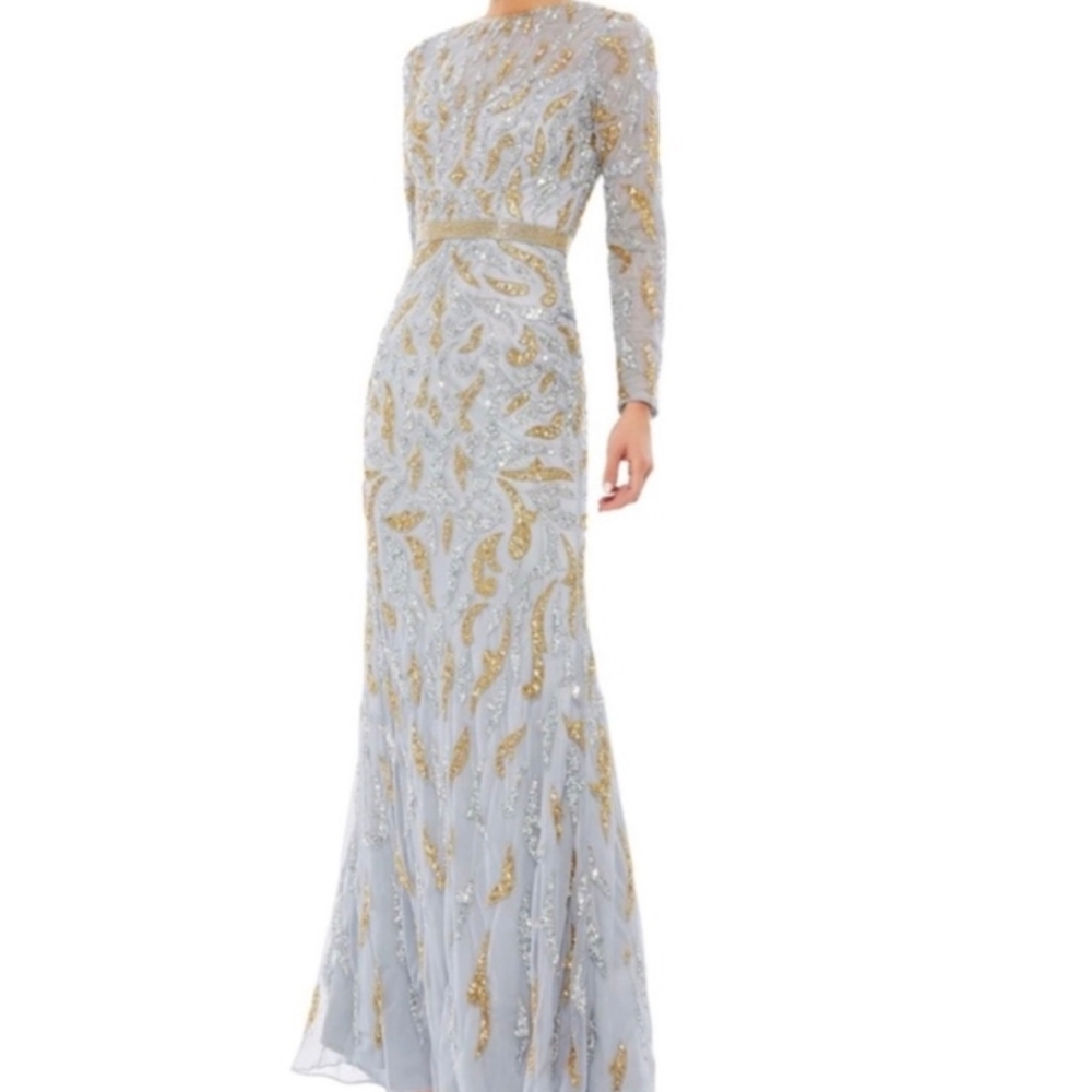 Mac Duggal Gold and Silver Long Sleeve Gown